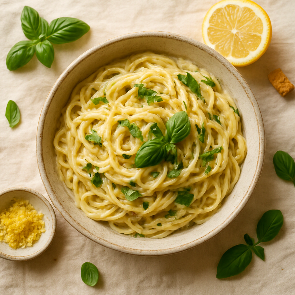 Creamy lemon herb pasta in a ceramic bowl