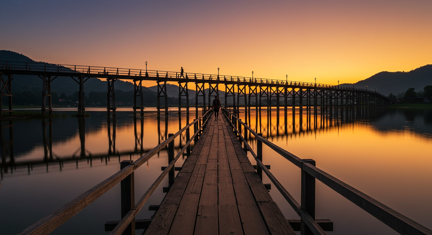 Sangkhlaburi Mon Bridge showing a long wooden bridge over a lake