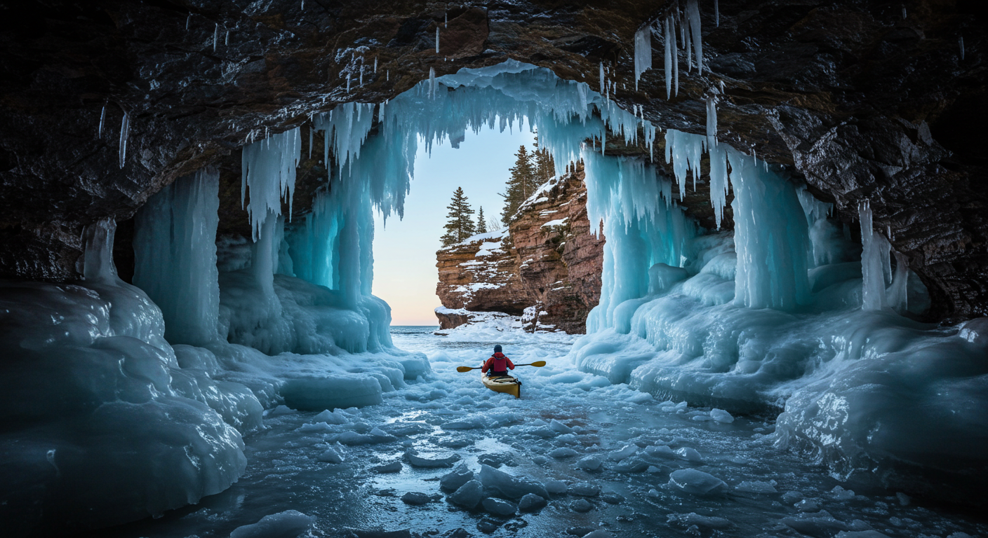 Apostle Islands sea caves Wisconsin showing ice formations and frozen cave entrances in Lake Superior