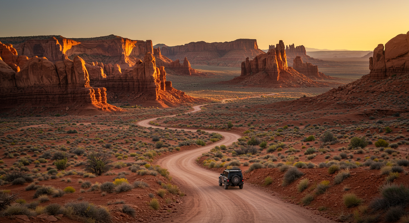 Valley of the Gods Utah showing towering red sandstone formations and desert highway