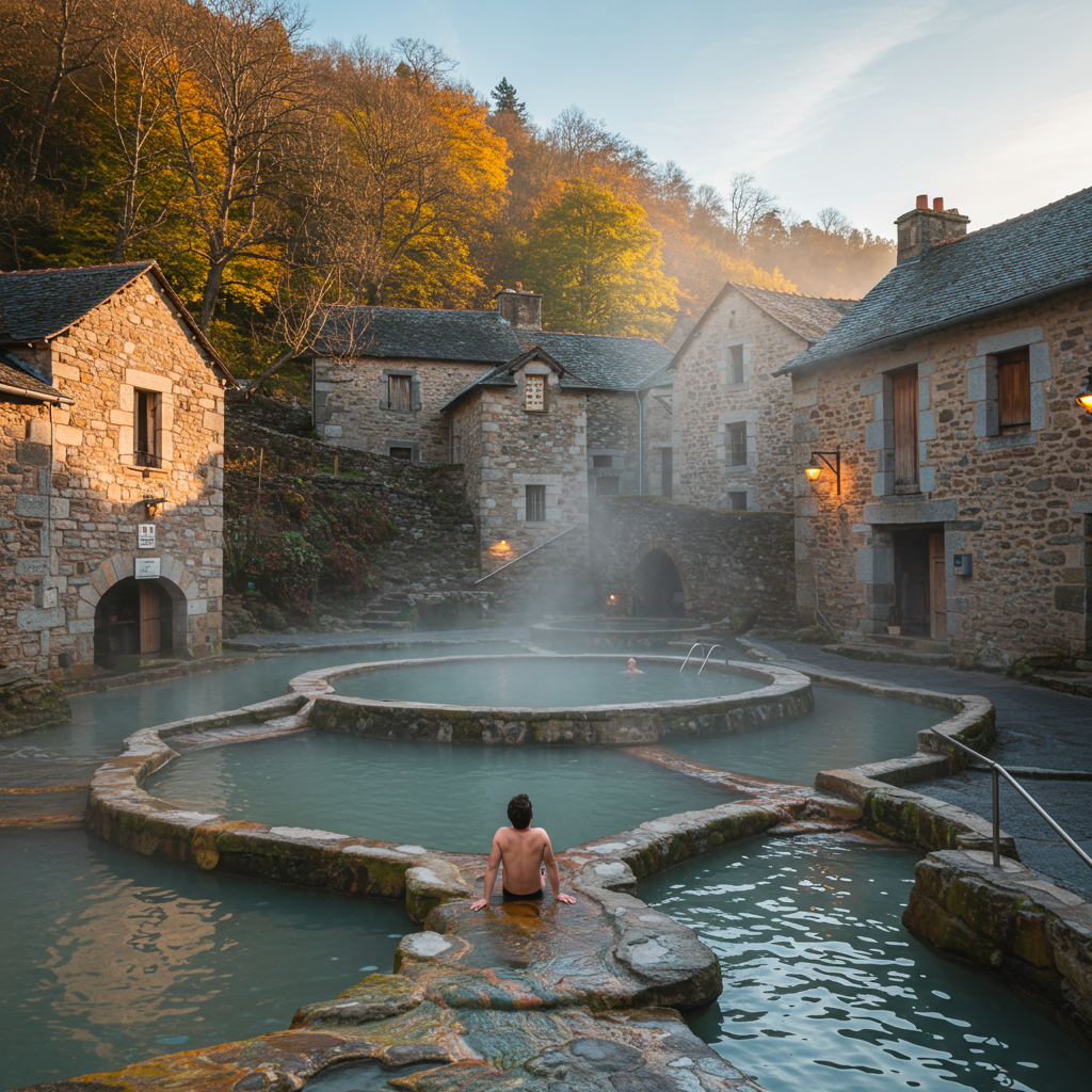 Chaudes-Aigues Cantal showing thermal springs and medieval village architecture