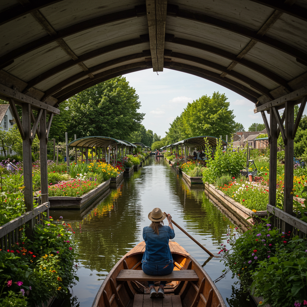 Amiens Hortillonnages showing floating market gardens and traditional punt boats