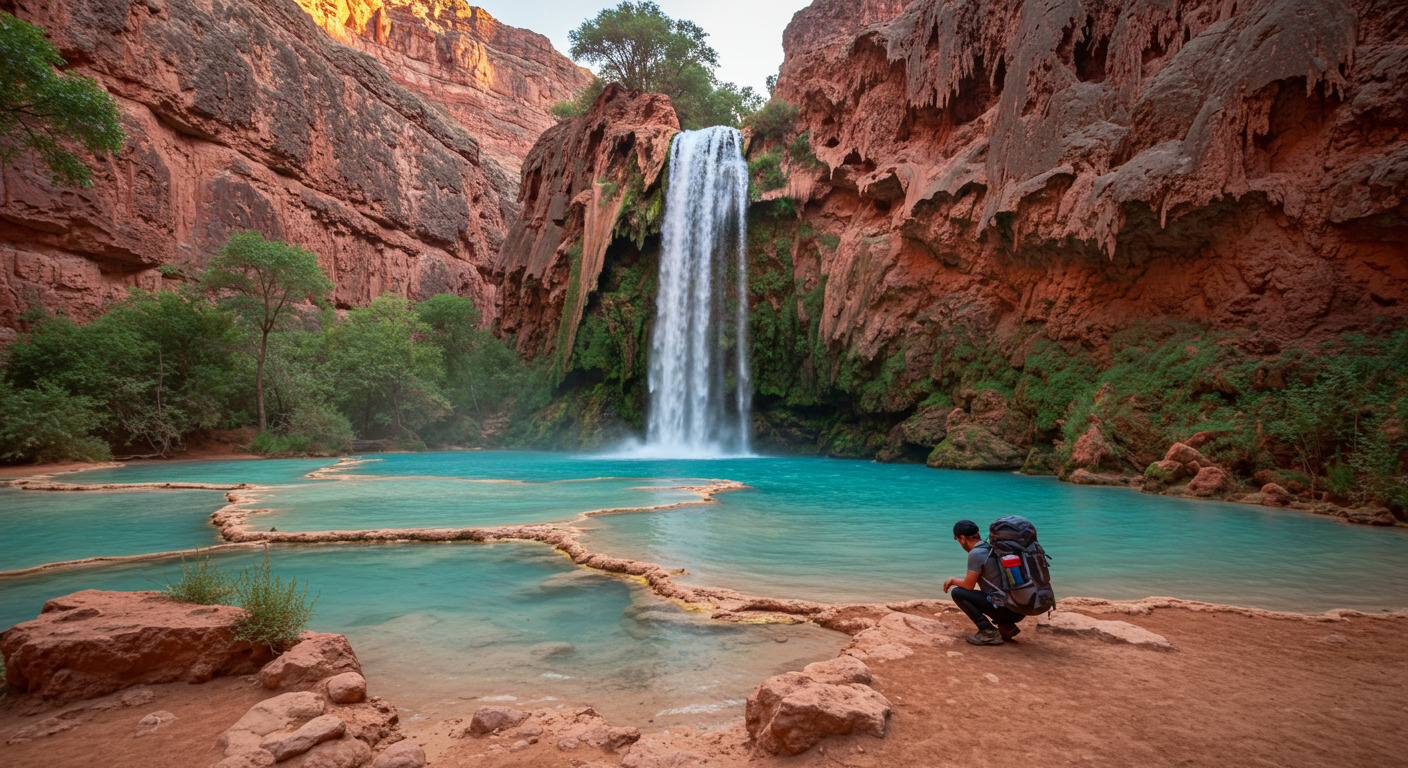 Havasupai Falls Arizona showing turquoise waterfall pools in red desert canyon