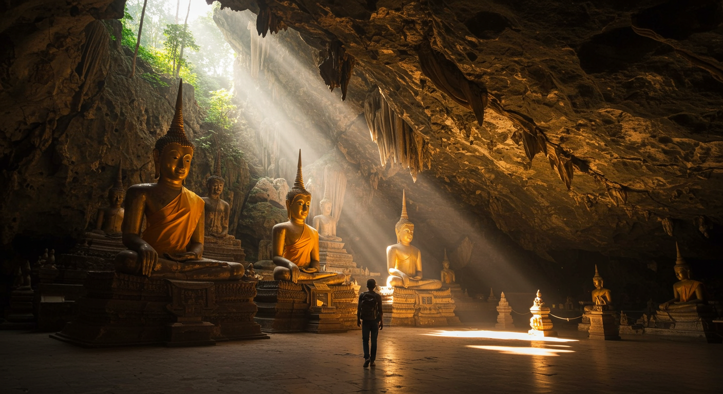 Phetchaburi Khao Luang Cave showing Buddha statues inside a cave