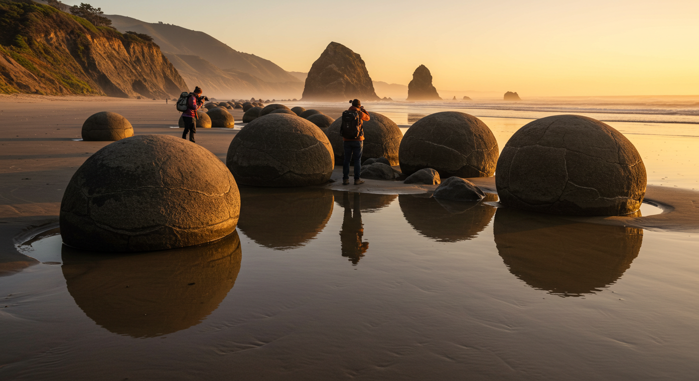 Bowling Ball Beach California showing spherical rock formations and tide pools during low tide