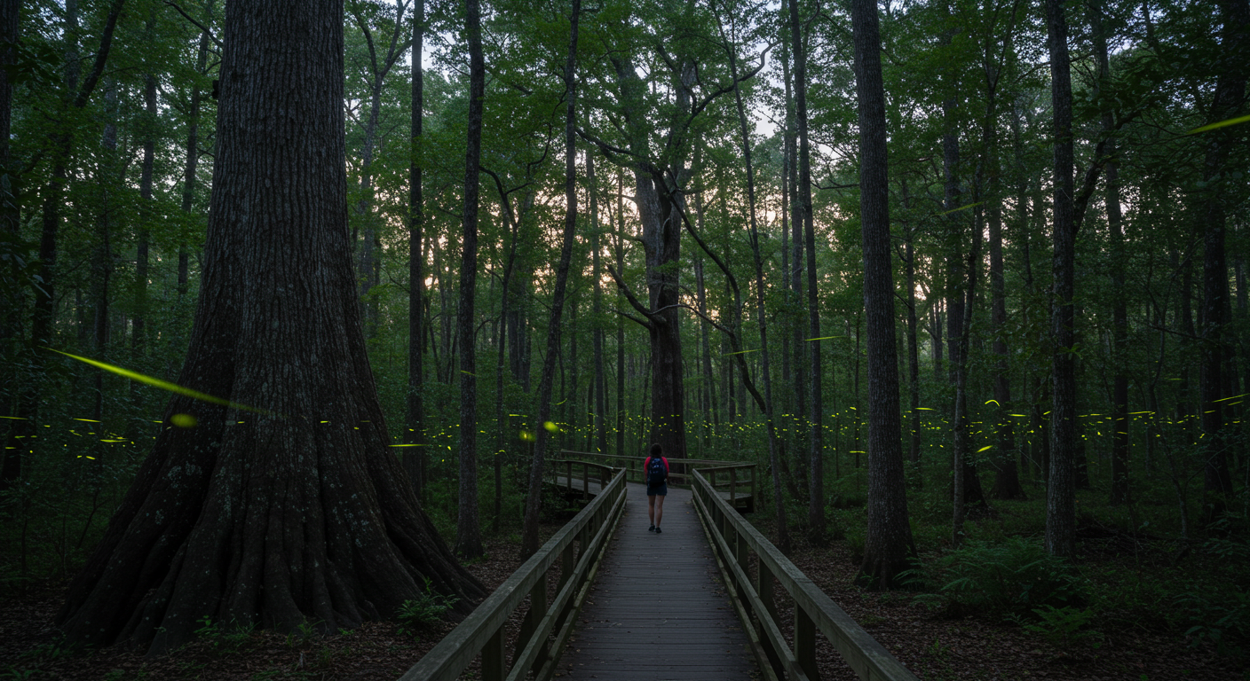 Congaree National Park South Carolina showing ancient cypress trees and firefly lights in old-growth forest
