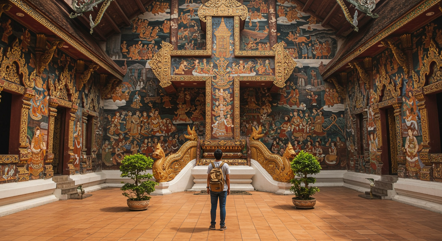 Travel photography of the Wat Phumin temple in Nan, highlighting its unique cruciform-shaped Ubosot and the famous murals depicting scenes from local legends, showing a solo traveler admiring the artwork, professional travel magazine style, Instagram-ready composition