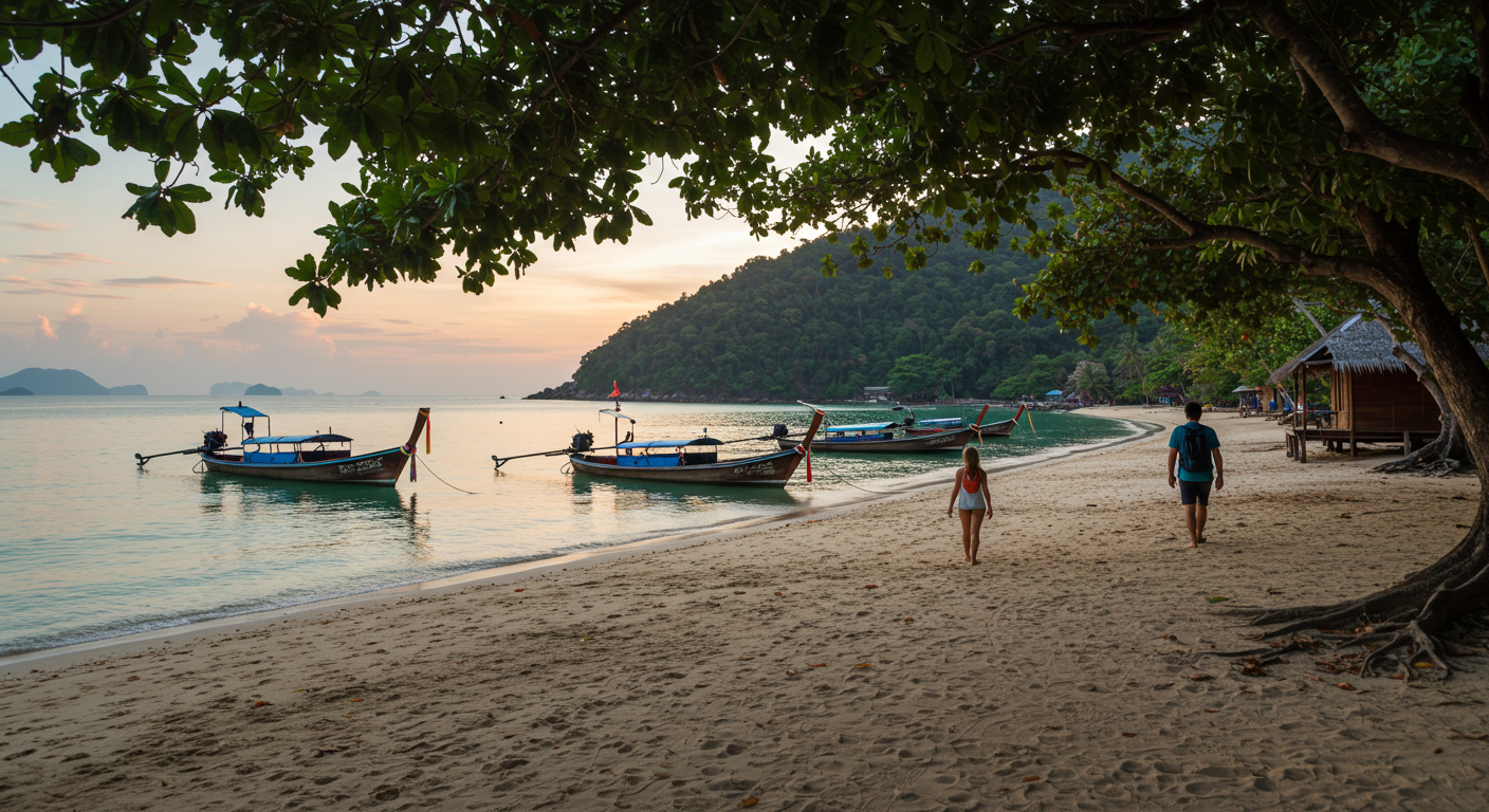 Koh Phayam Long Beach showing bungalows and long-tail boats